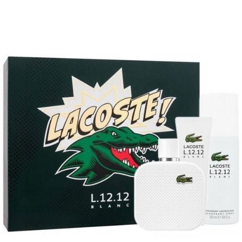 Lacoste L.12.12. Blanc 3 Piece Gift Set With 3.3 Oz EDT Spray + 1.7 Oz Shower Gel 5.0 Oz Body Spray